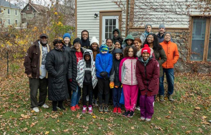 group of people outside of church