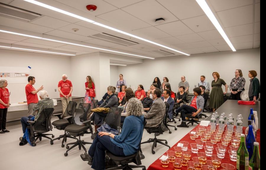 Guests listen to Professor Matthew Velasco at the Collaboratory Opening Ceremony
