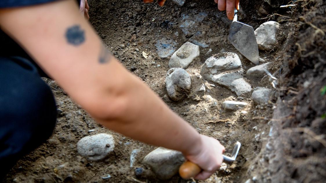 Students excavating with a trowel. 