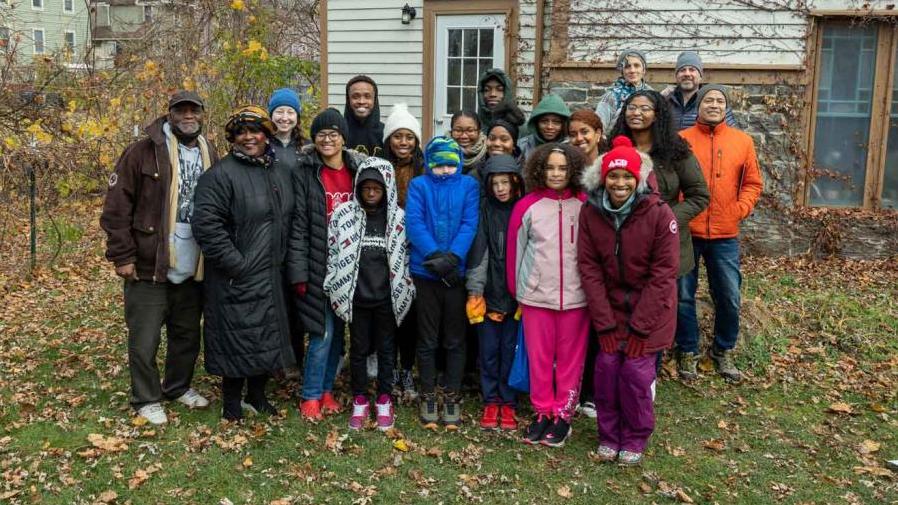group of people outside of church