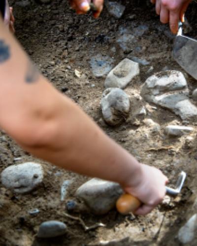 Hands of students holding trowels removing soil from around rocks